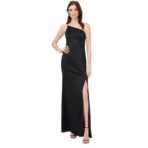 NWT Adrianna Papell One Shoulder Maxi Gown Dress Satin Crepe Dark Navy Sz 18 NEW